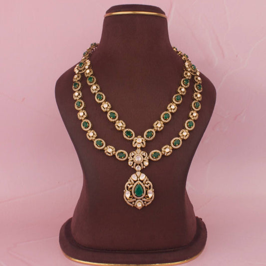 Pure 925 Silver Double Step Moissanite Polki Necklace With Matching Earrings