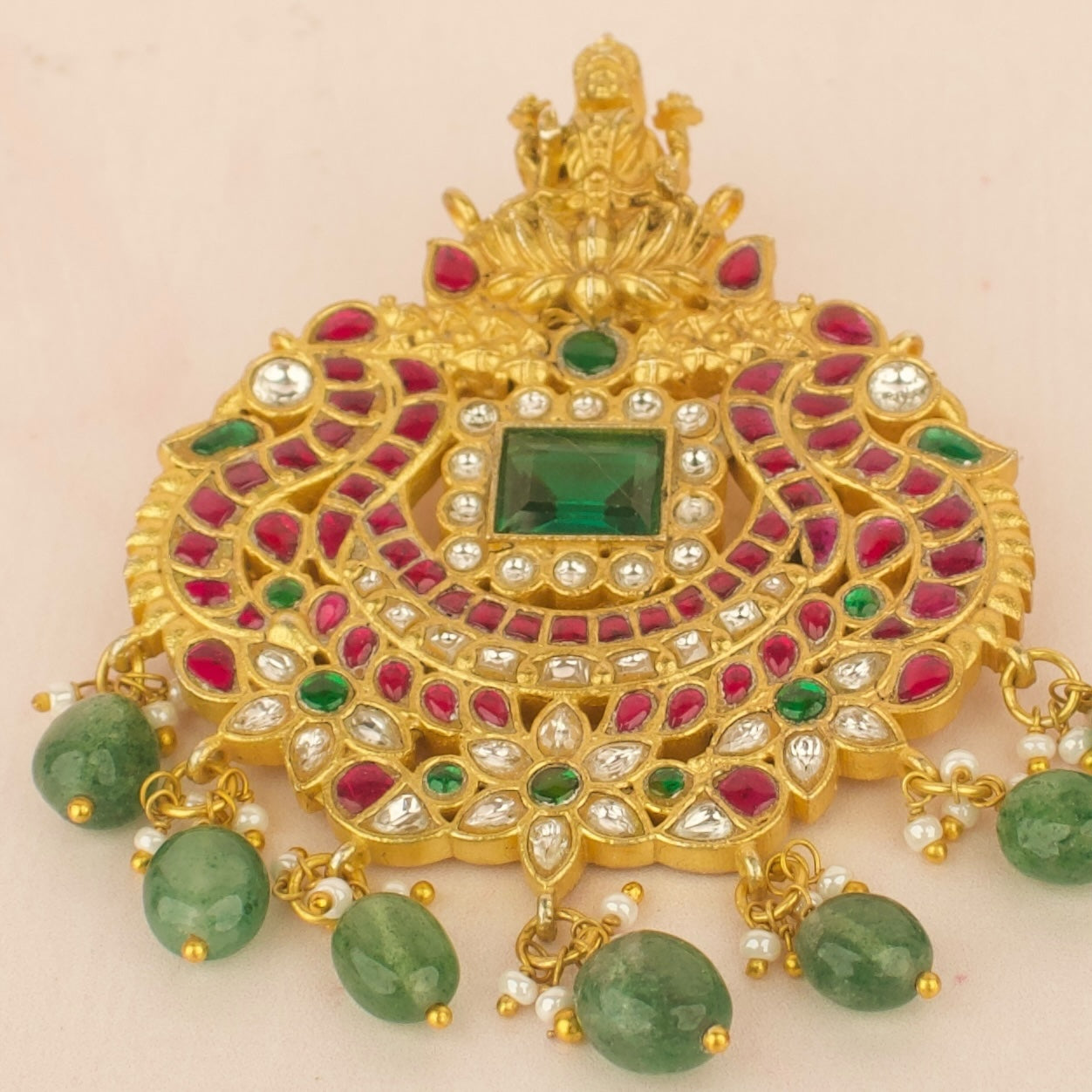 Majestic Goddess Lakshmi Emerald-Centered Jadau Kundan Pendant