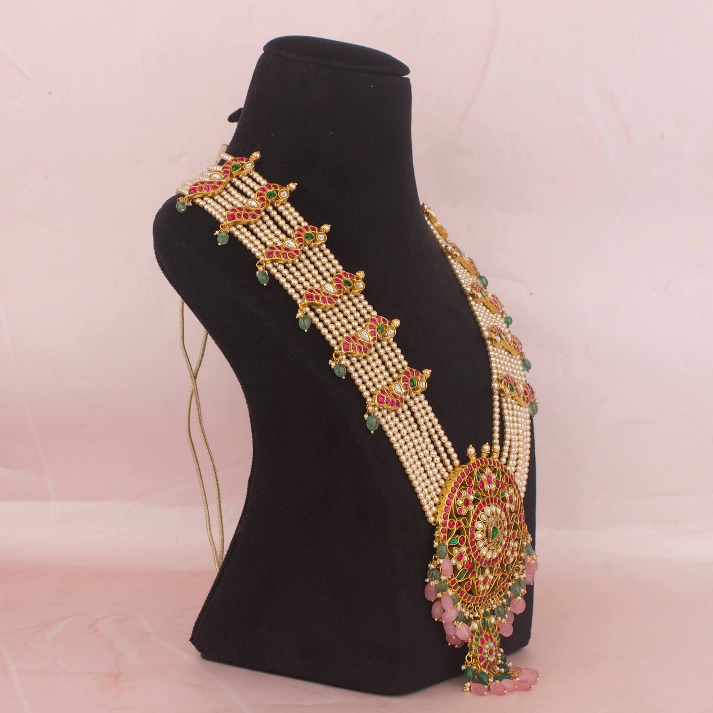 Handmade Jadau Kundan Long Rani Haar With Green Beads & Swarovski Chain