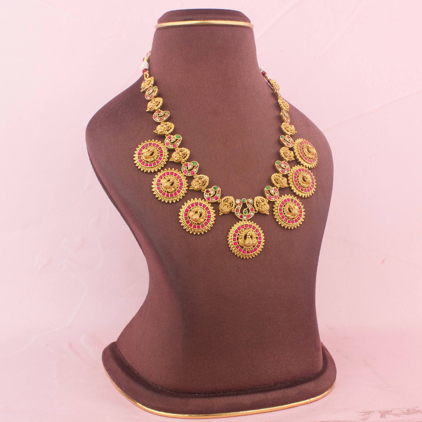 Antique Gold Temple Necklace Set With Matching Earrings