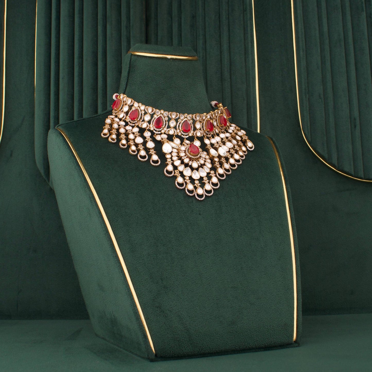 Victorian Polki Necklace Set with Layered Drops