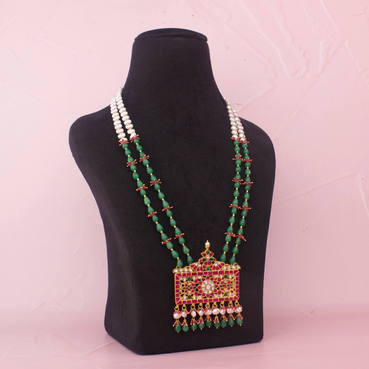 Bridal Jadau Kundan Long Haar With Green Beads And Pearl Accents