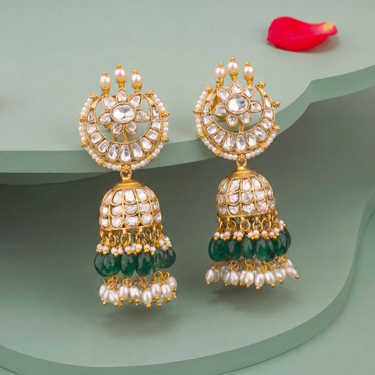 Moissanite Polki Jhumki Earrings With Green Beads