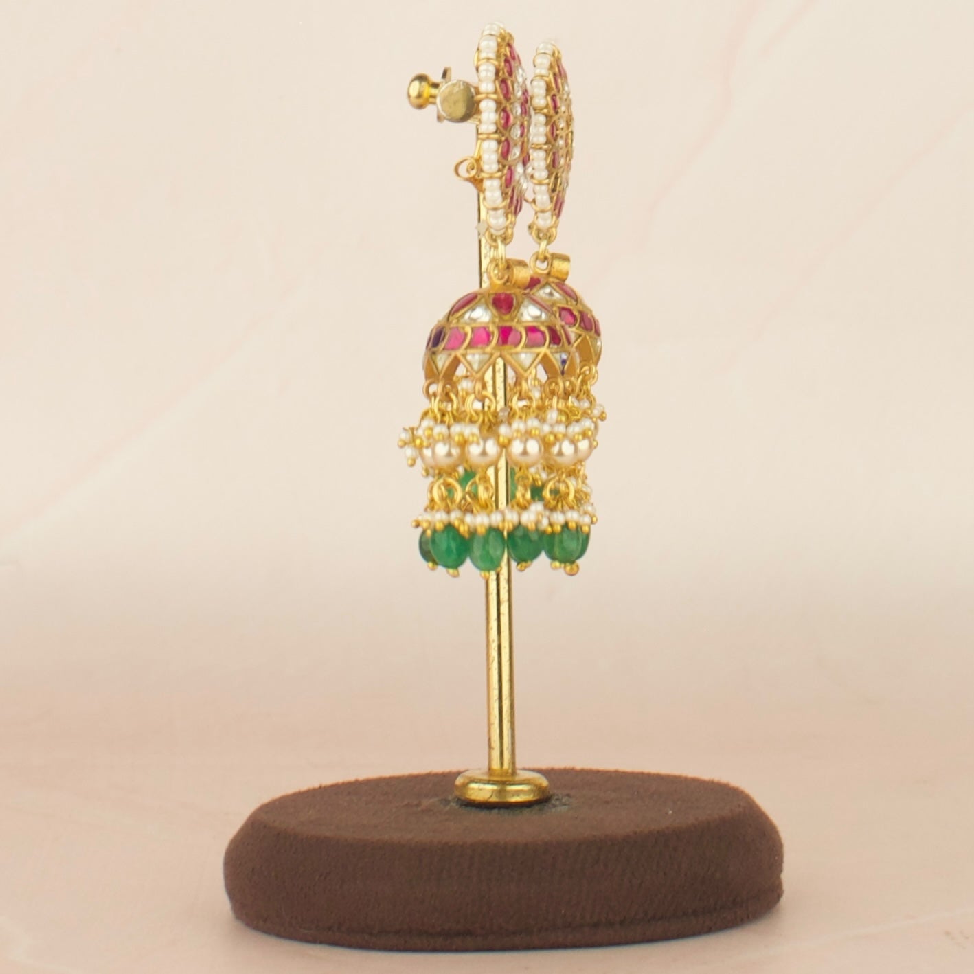 Captivating Bridal Jadau Kundan Jhumki with Green Beads