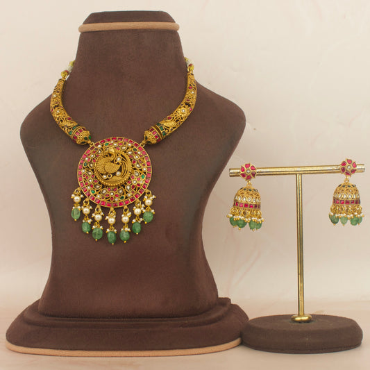 Designer Gold Jadau Kundan Nakshi Kanti With Earrings