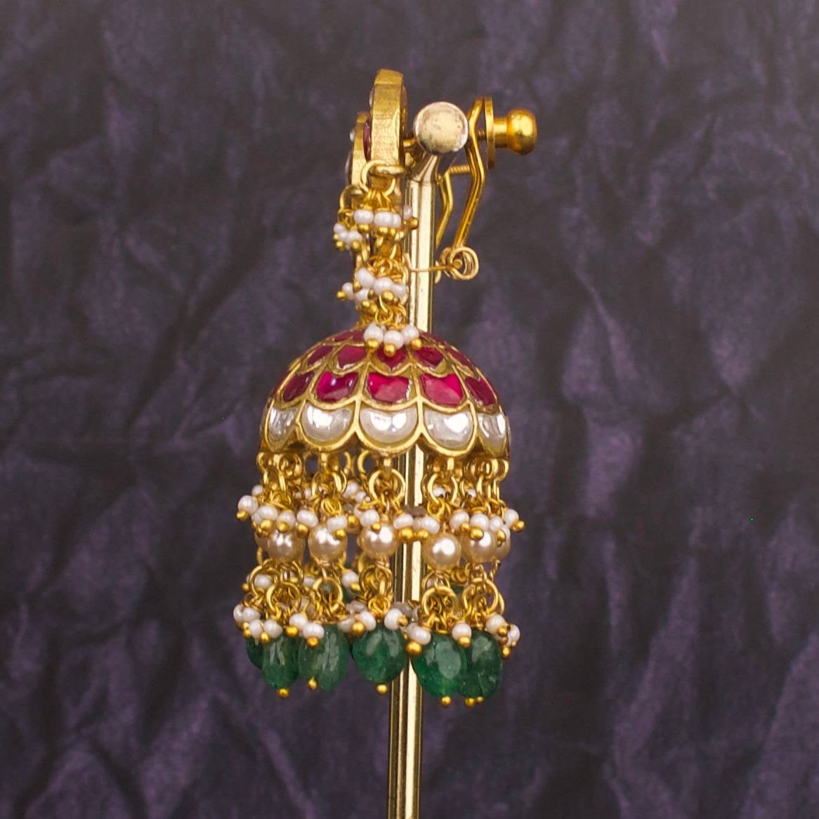 Floral Chand Studded Jadau Kundan Jhumki Earrings With Pearl & Beads Hangings