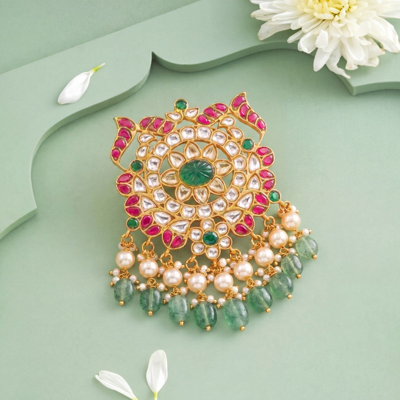 Glorious Floral Design Jadau Kundan Locket with Swarovski Pearls