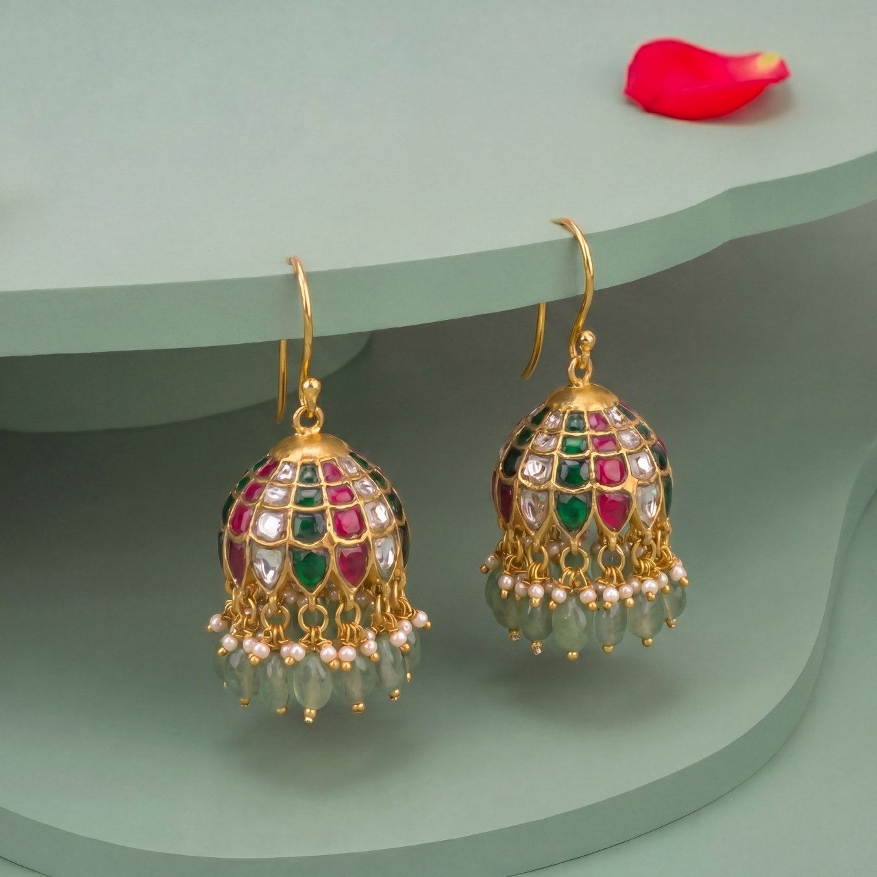Tricolor Elegance Jadau Kundan Jhumka Earrings