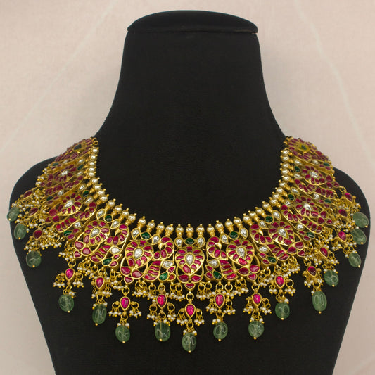 Grand bridal Jadau kundan necklace with green beads & kundan drops