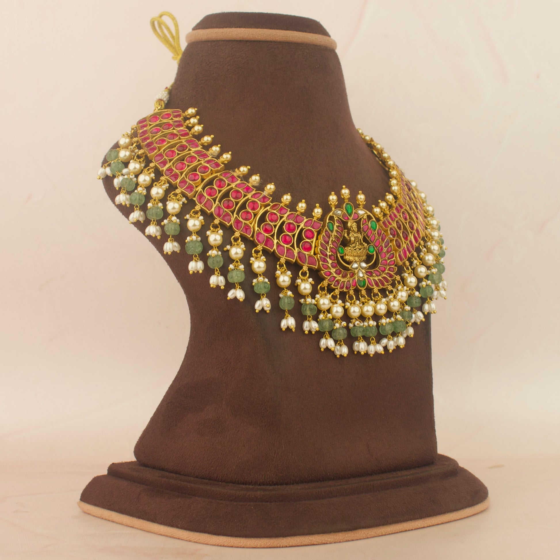 Exclusive Lakshmi Devi Design Jadua Kundan Necklace With Pearl & pumpkin Bead Hanging