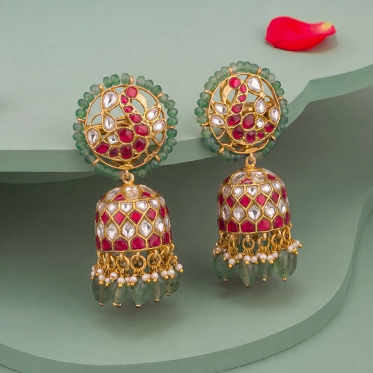 Sparkling Peacock Design Jadau  Kundan Jhumka With Beads Hangings