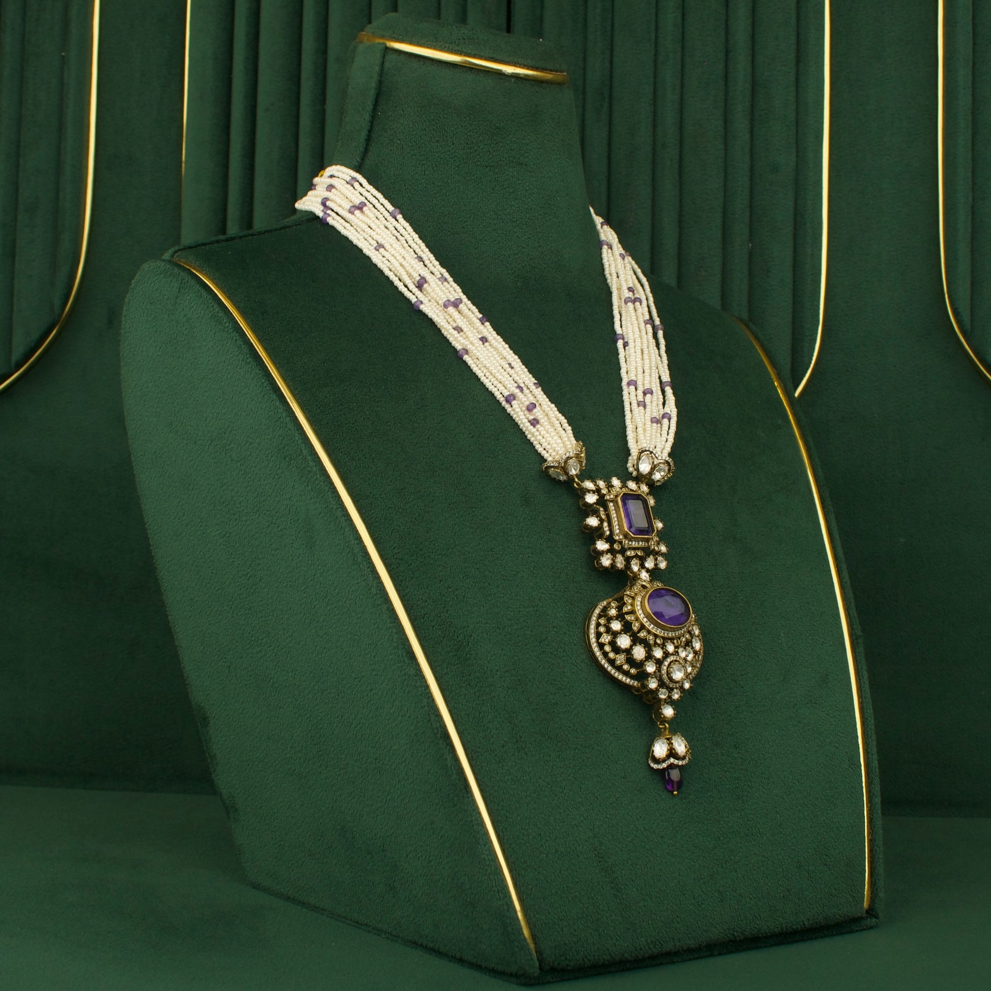 Royal chandbali polki necklace with white bead strands and purple stones