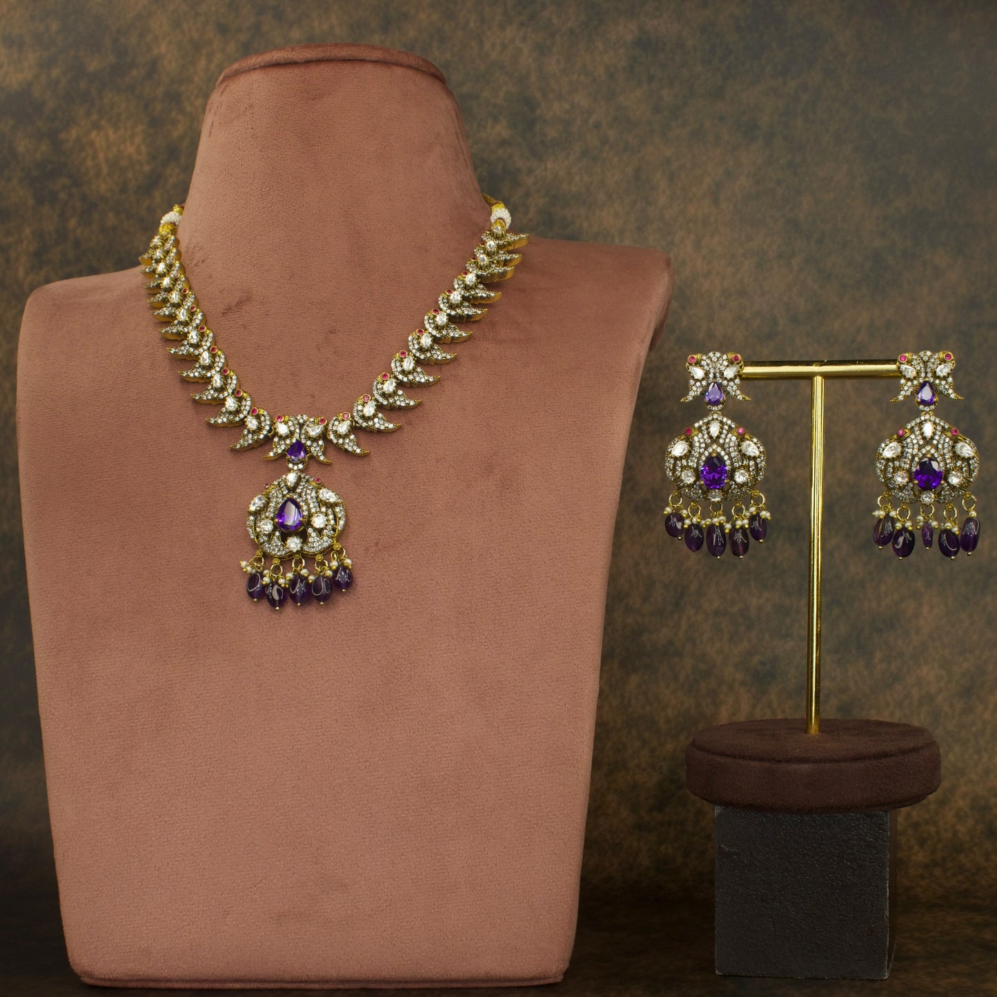 Peacock design Victorian finish polki necklace set