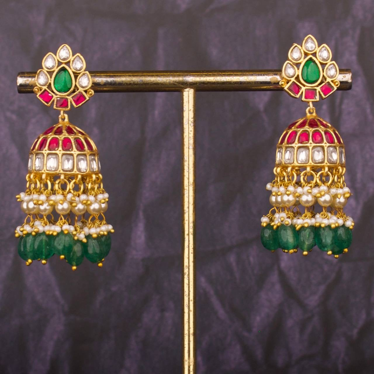 Floral Studded Jadau Kundan Jhumki Earrings With Green Beads Hangings