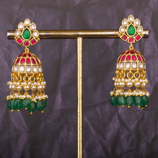 Floral Studded Jadau Kundan Jhumki Earrings With Green Beads Hangings