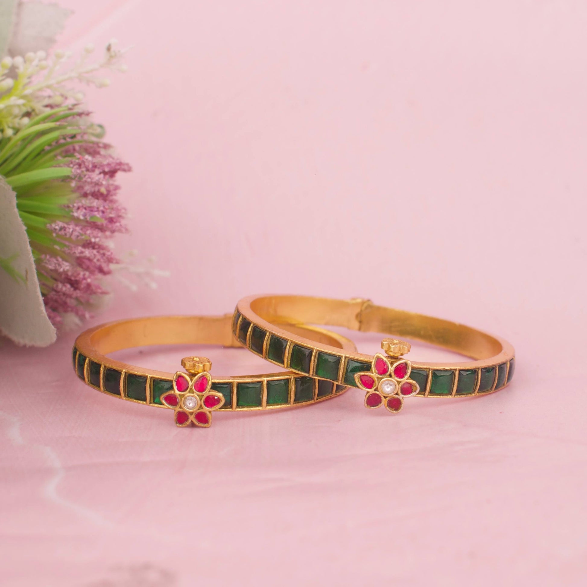 Close-up detailing of Gold Finish Jadau Kundan Bangles With Floral Center Motif imitation jewellery