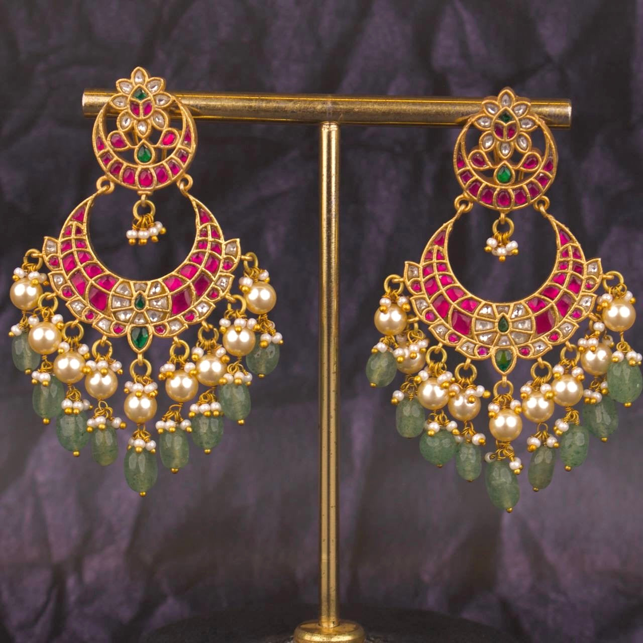 Bridal Jadau Kundan Chandbali Earrings With Pearls & Beads Hangings