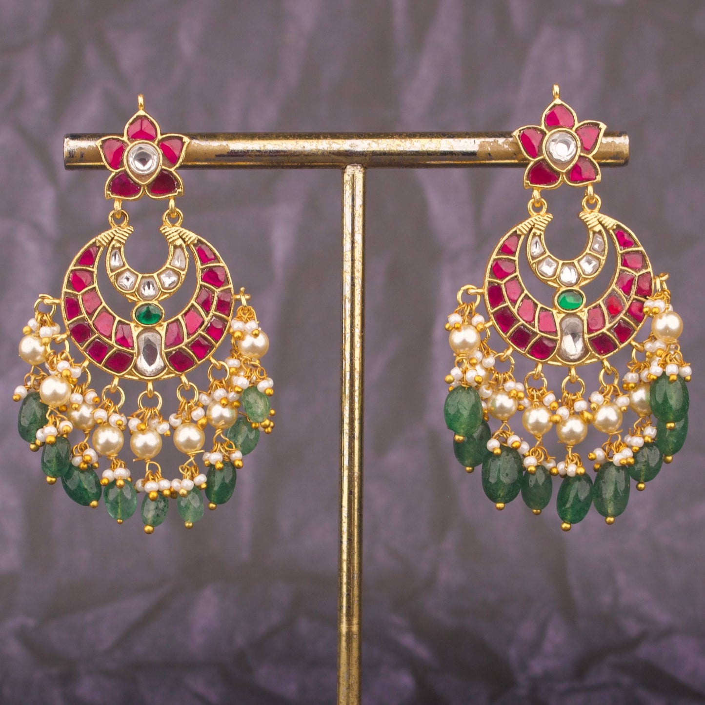 Elegant Jadau Kundan Chandbali Earrings With Pearl Drops