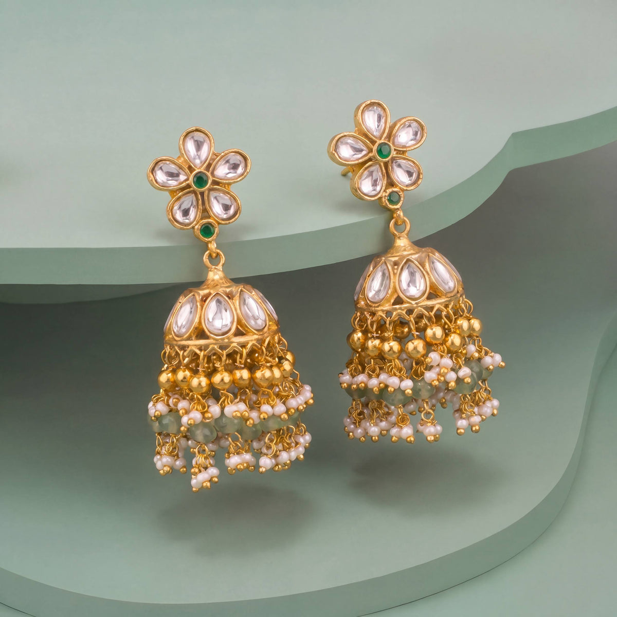 Cute Floral Studded Jadau Kundan Jhumki Earrings
