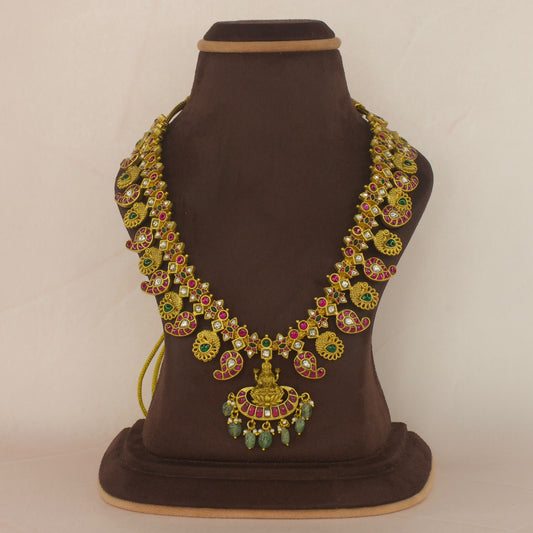 Gold Plated Jadau Kundan Long Temple Necklace with goddess Lakshmi motifs . This product belongs to Jadau Kundan Jewellery Category