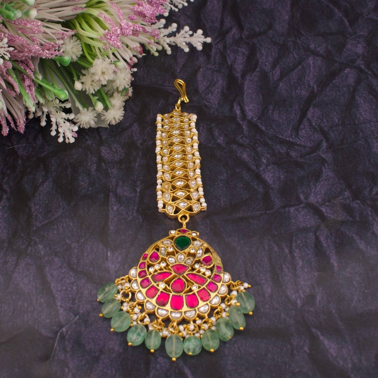 Chand Bali Design Jadau Kundan Bridal Long Maang Tikka with Green Beads