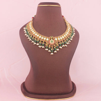 Sleek Jadau Kundan Short Necklace With Ricepearl Hangings