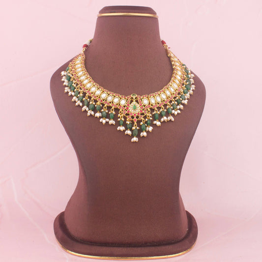 Sleek Jadau Kundan Short Necklace With Ricepearl Hangings - Handcrafted Indian Bridal Jewelry by Dulhan Jewels