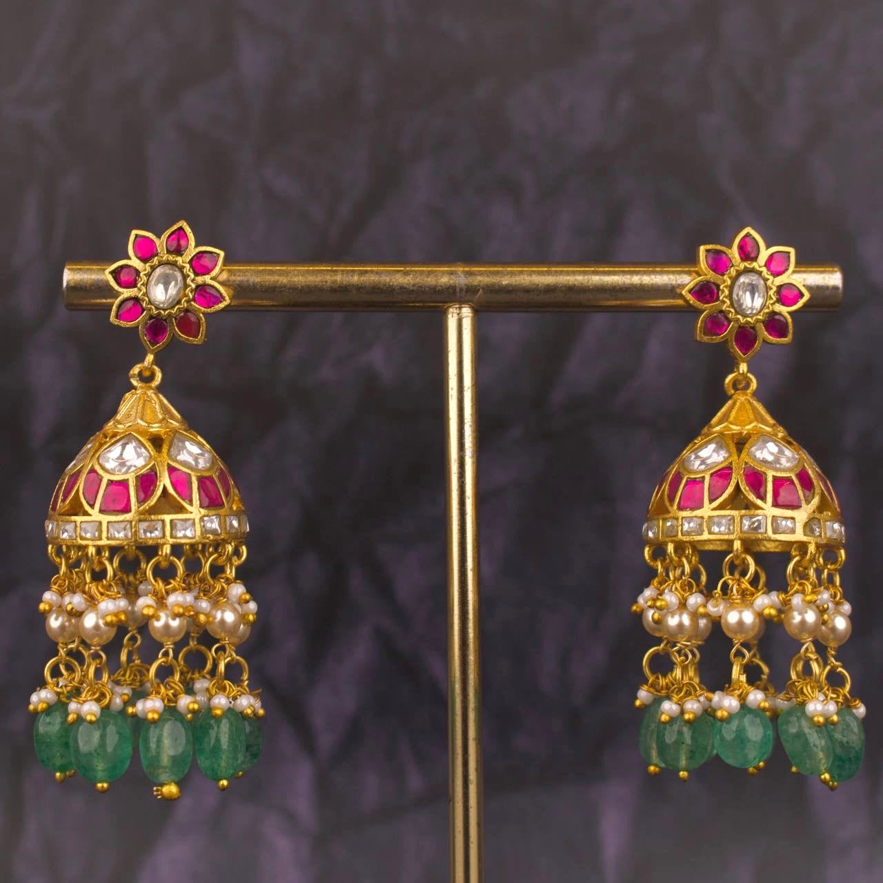 Floral Studded Jadau Kundan Guttapusalu Hanging Jhumki Earrings