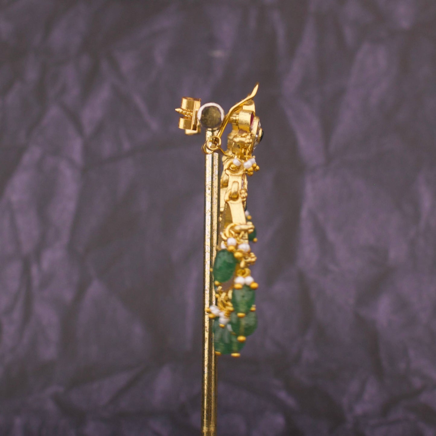 Jadau Kundan Crescent Chandbali Earrings With Emerald Green Drops