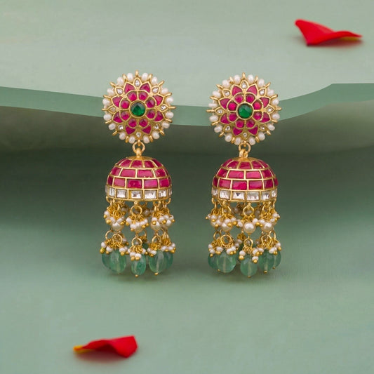 Designer Jadau Kundan Jhumki Earrings with Pearl Layers And Emerald Beads