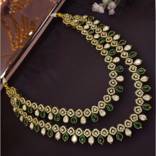 Two-Step Victorian Diamond Necklace Set with onyx beads, zircon, and moissanite polki stones, including matching earrings. This Victorian Jewellery is available in a Green colour variant. 