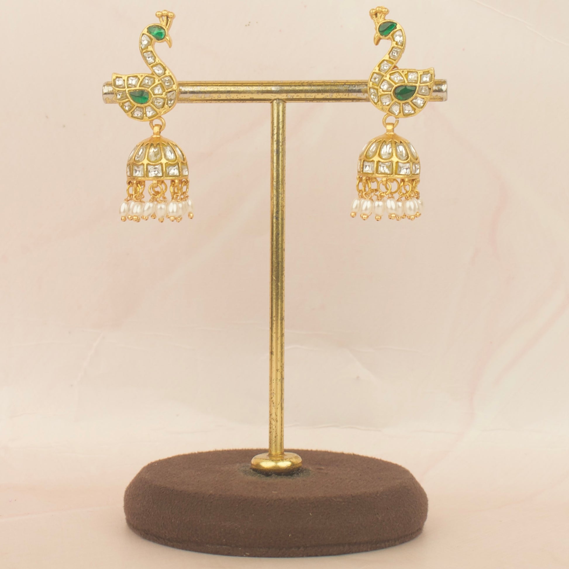 Handcrafted detail view of Unique Peacock Studded Jadau Kundan Jhuki With Guttapusalu Hangings