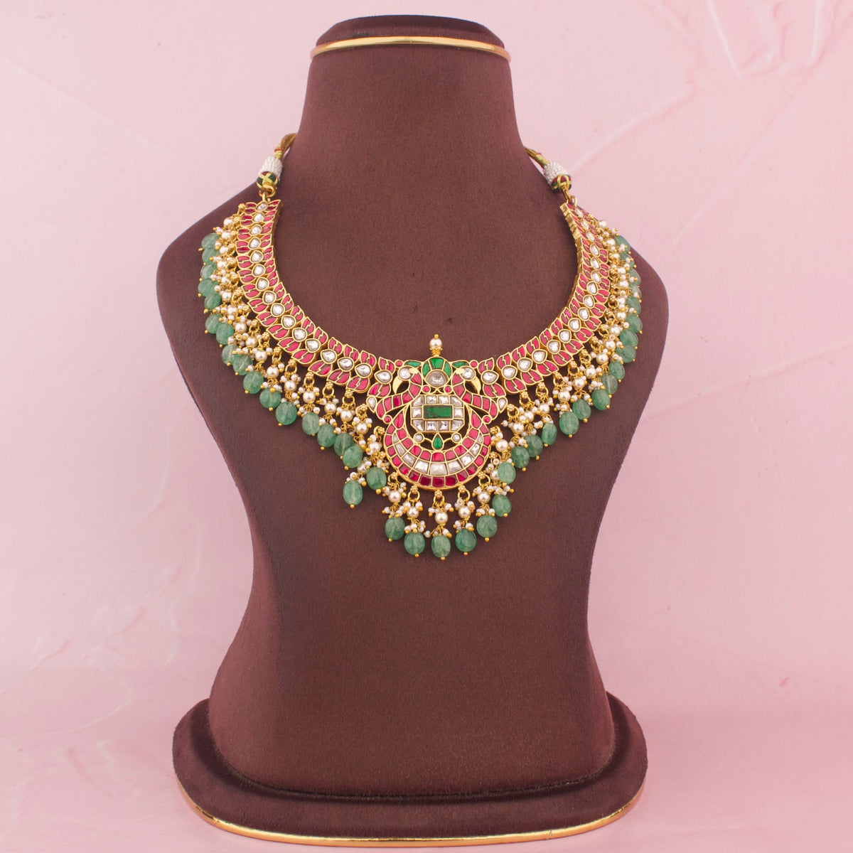 Gold Style Jadau Kundan Necklace With Green Beads And Pearl Drops - Handcrafted Indian Bridal Jewelry by Dulhan Jewels