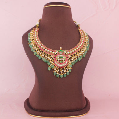 Gold Style Jadau Kundan Necklace With Green Beads And Pearl Drops - Handcrafted Indian Bridal Jewelry by Dulhan Jewels
