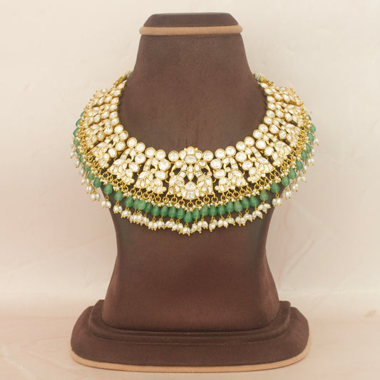 Opulent Moissanite Polki Necklace With Green Beads & Pearls As Hangings