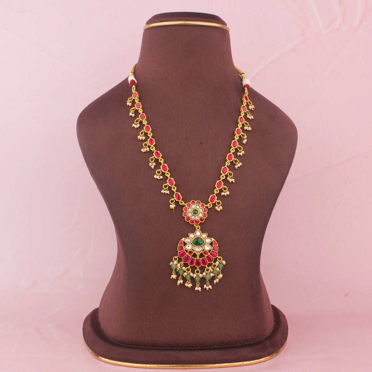 Dainty Jadau Kundan Necklace With Green Drops