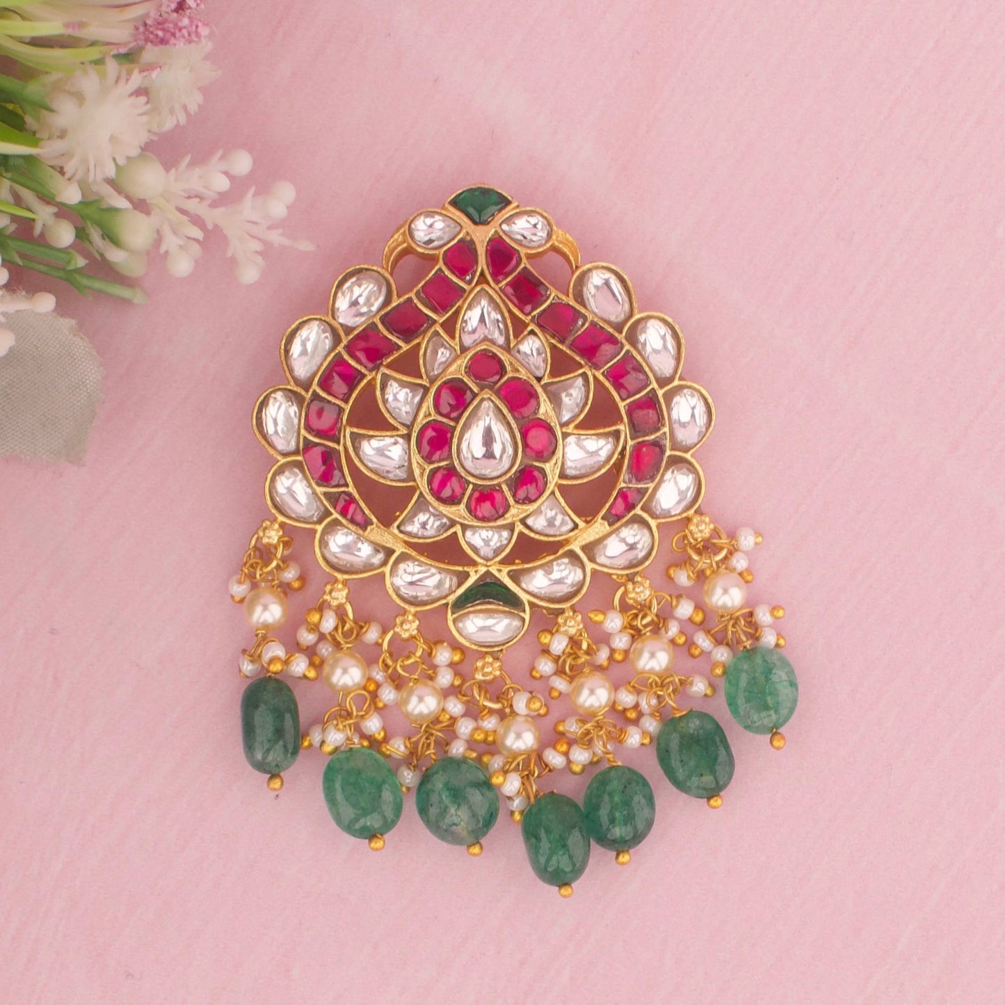 Classy Jadau Kundan Pendant With Emerald Drops