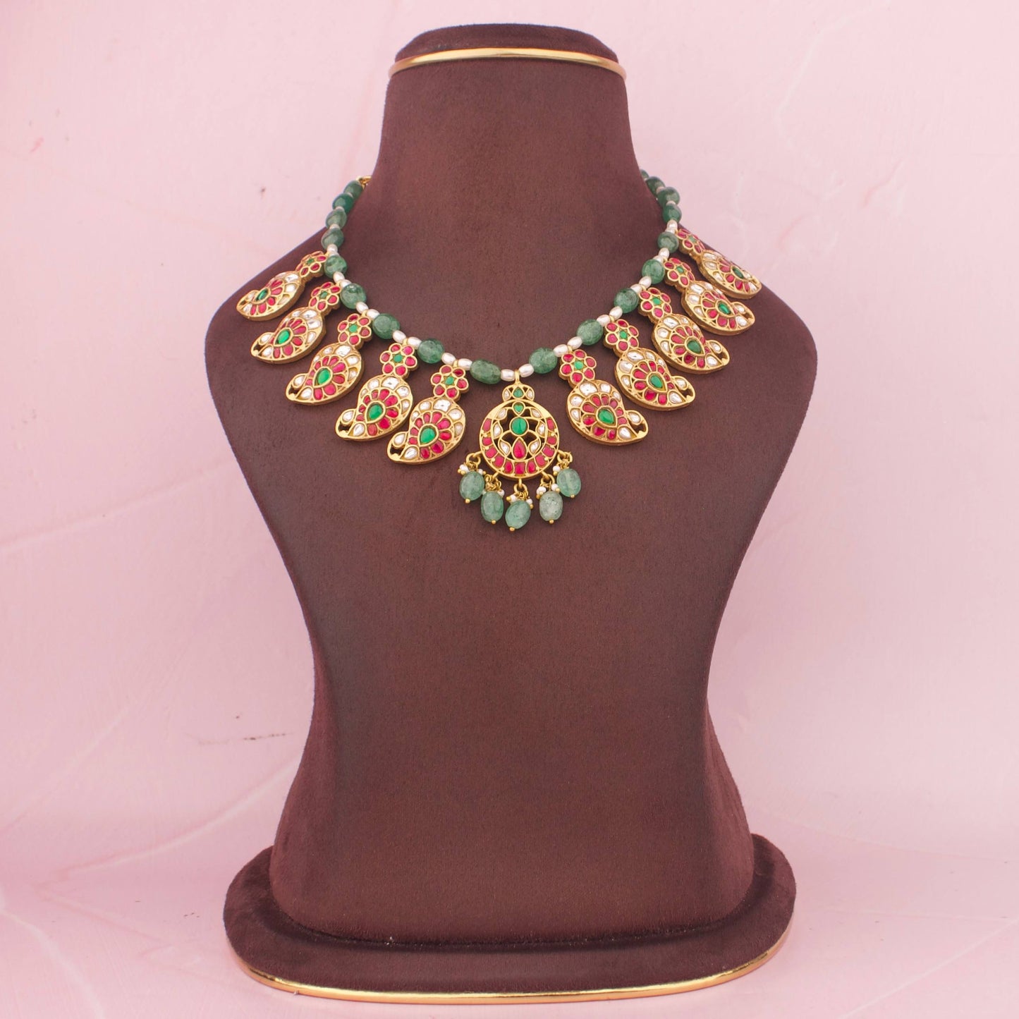 Heritage Jadau Kundan Necklace in Green Beads With Mango Hangings