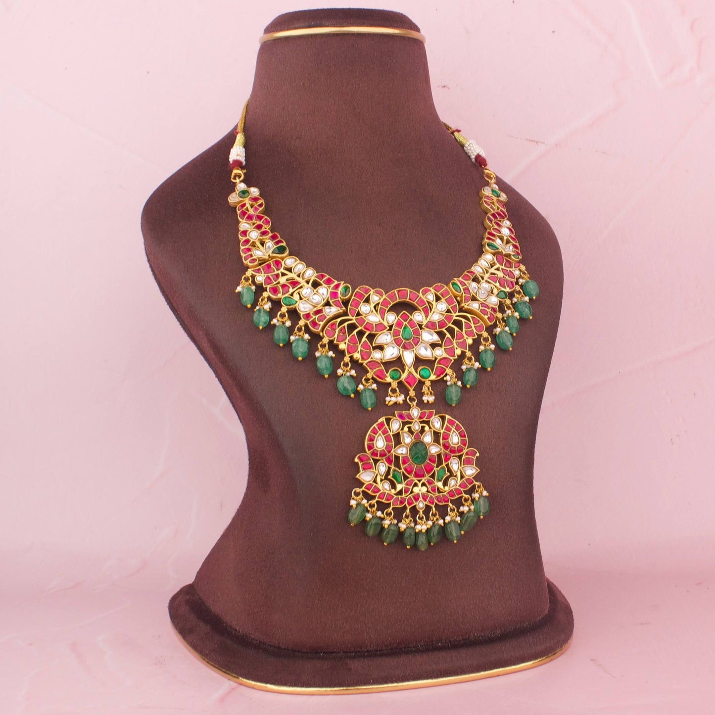 Luxury Jadau Kundan Short Necklace With Emerald Drops