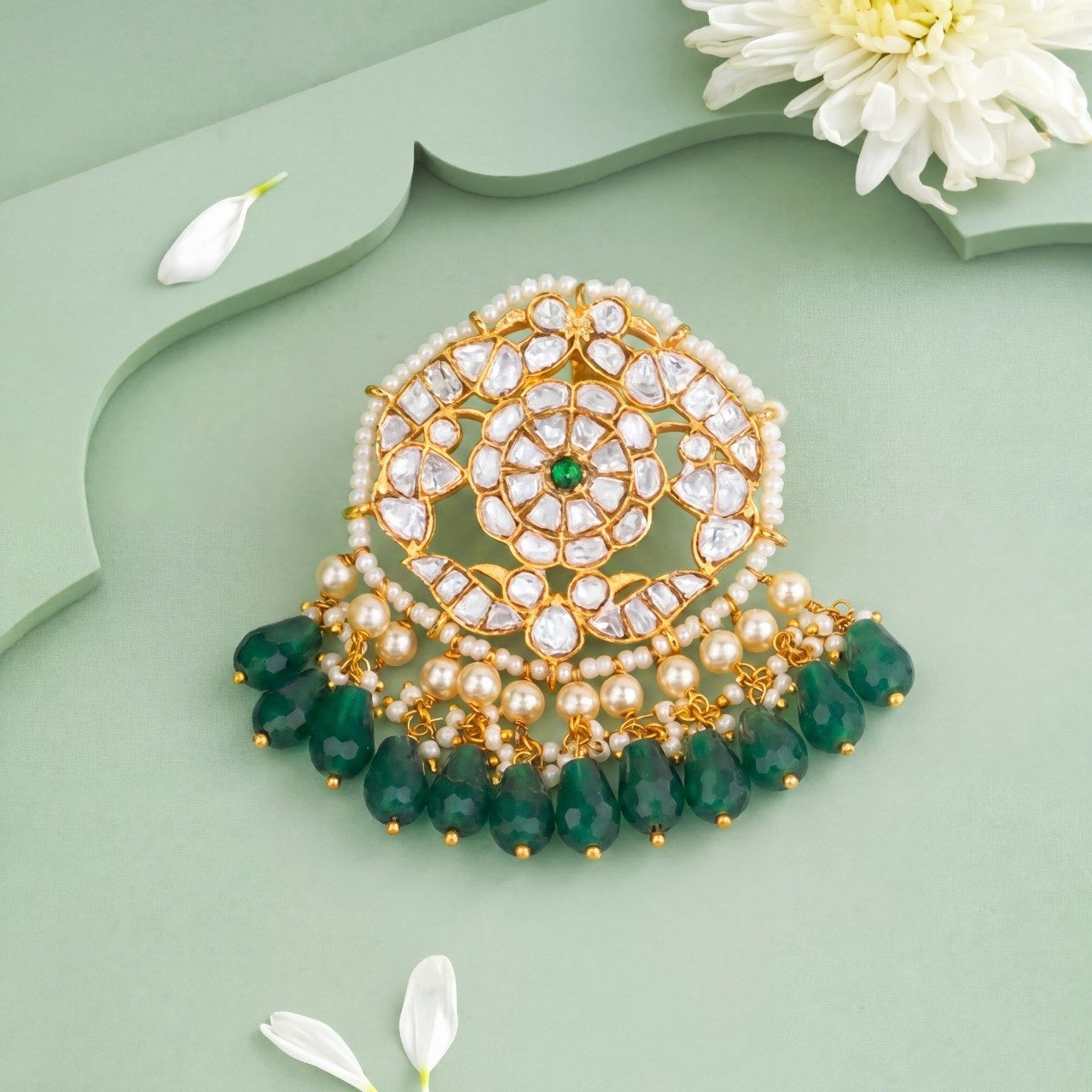 Moissanite Polki Pendant With Green Beads As Hangings