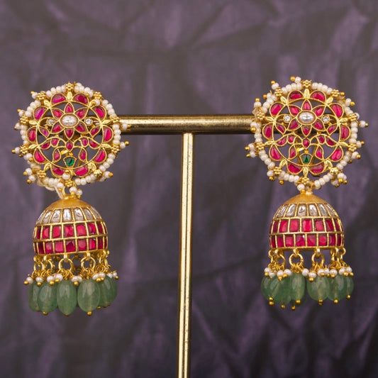 Bridal Circular Floral Studded Jadau Kundan Jhumki Earrings