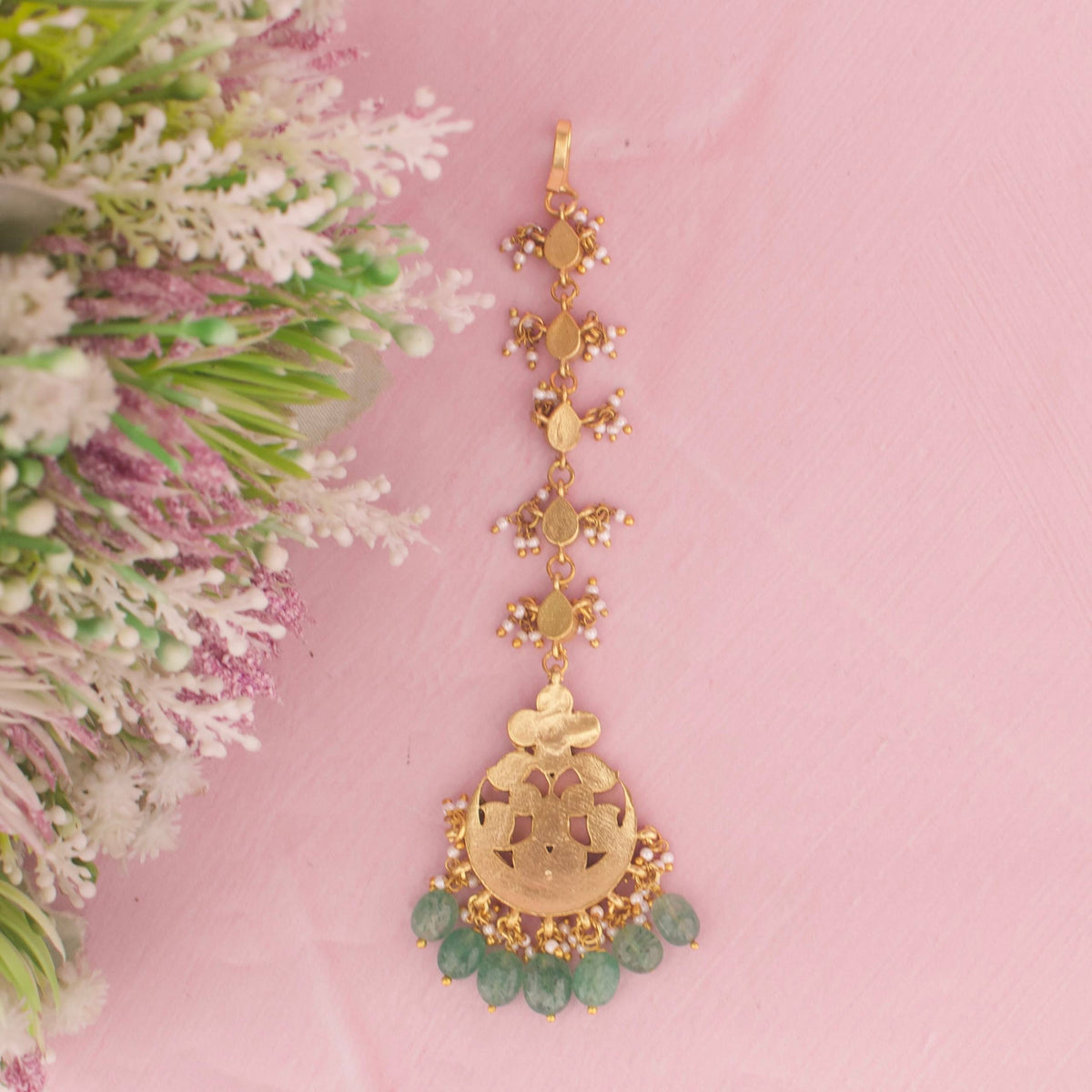 Elegant Jadau Kundan Maang Tikka With Green Drops