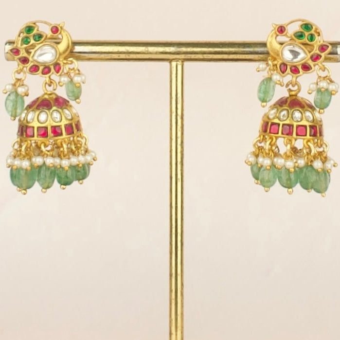 Exquisite Peacock Studded Jadau Kundan Jhumki with beads