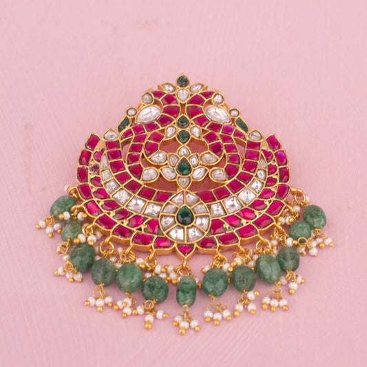 Designer Jadau Kundan Pendant With Ruby Stone Work And Green Strawberry Bead Hangings