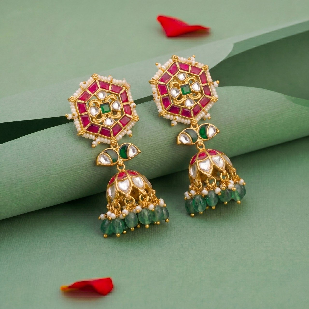 Ethnic Jadau Kundan Jhumka Earrings With Green Drops