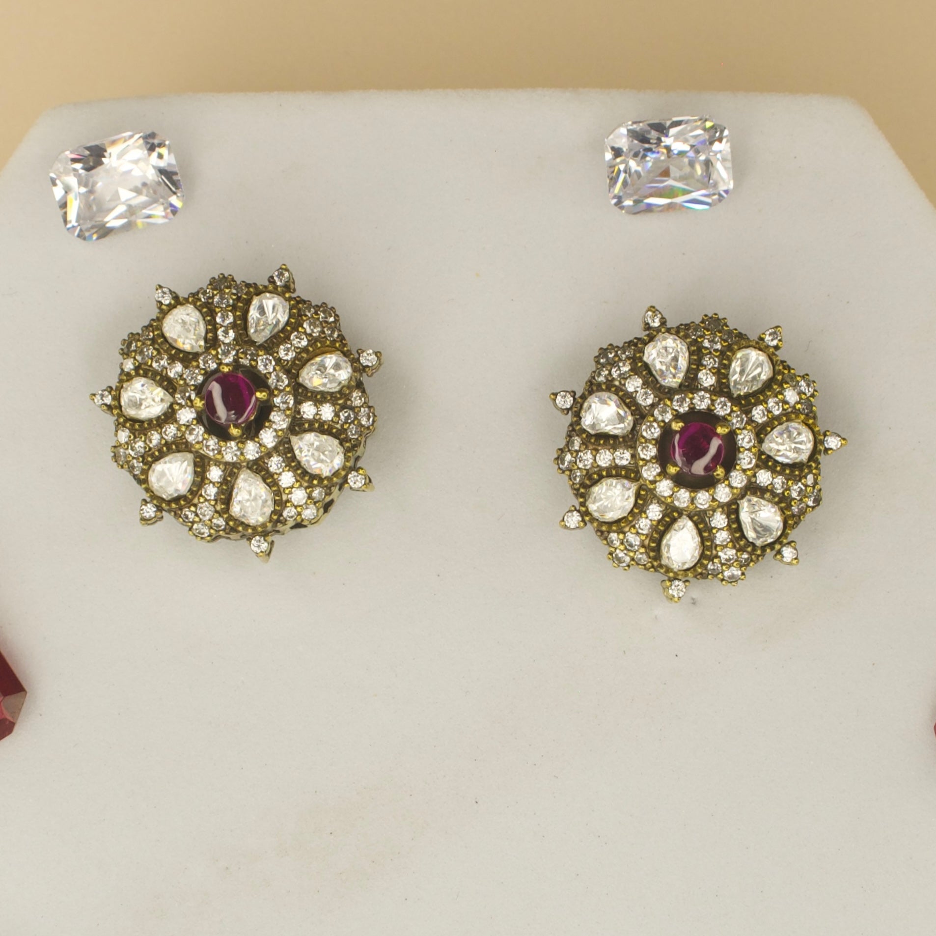 Ruby Victorian finish polki stud earrings with high quality Victorian finish