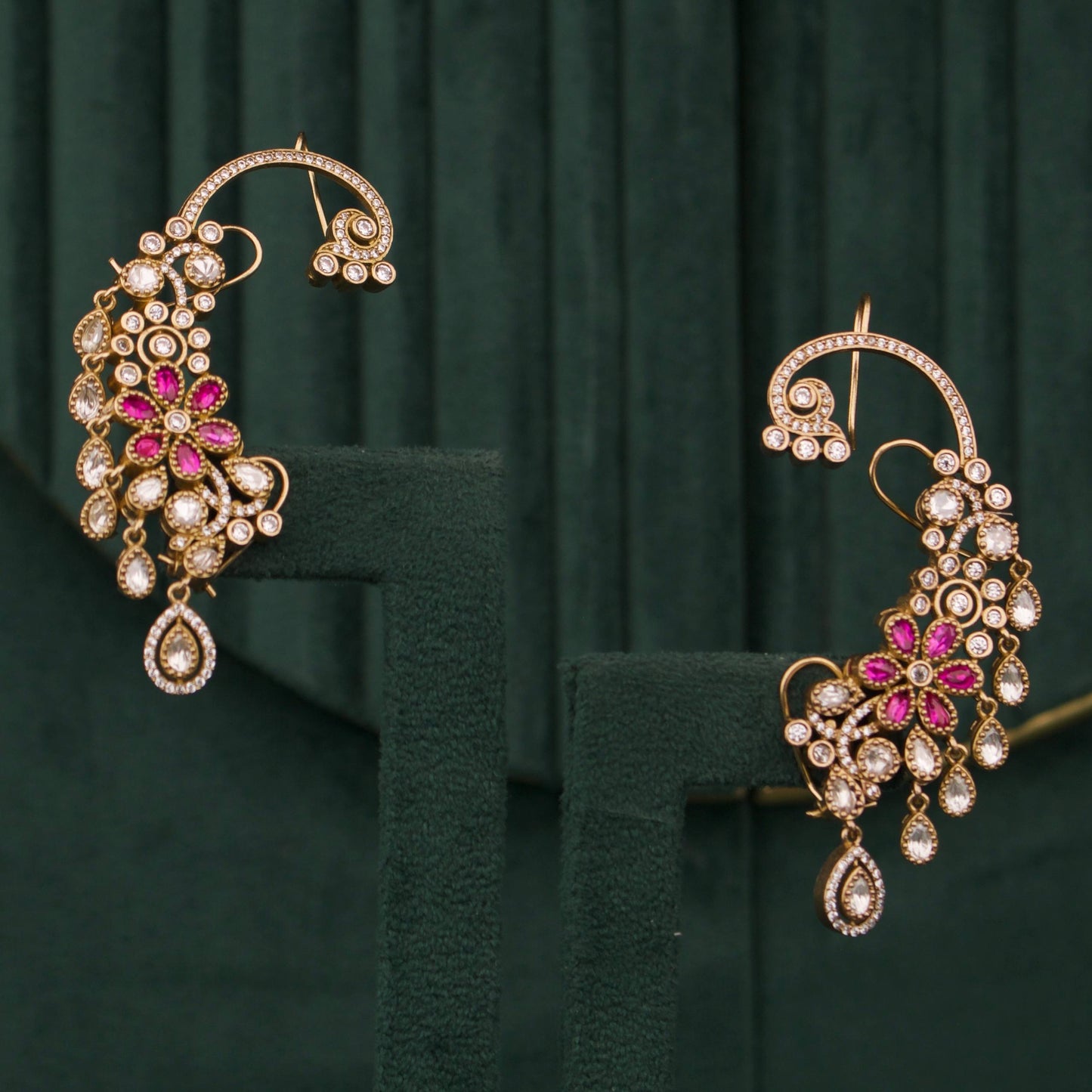 Elegant Victorian Earcuff With Peacock Floral Design