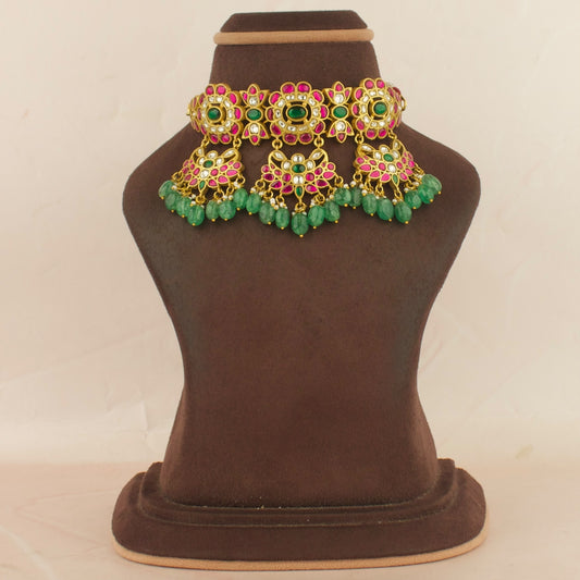 Floral Chandbali Design Lockets Jadau Kundan Choker with Green Beads