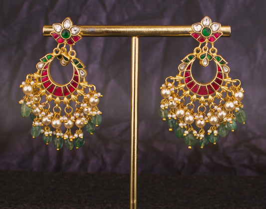 Floral Studded Jadau Kundan Chandbali Earrings With Pearl & Beads As Droplets - DULHAN JEWELS