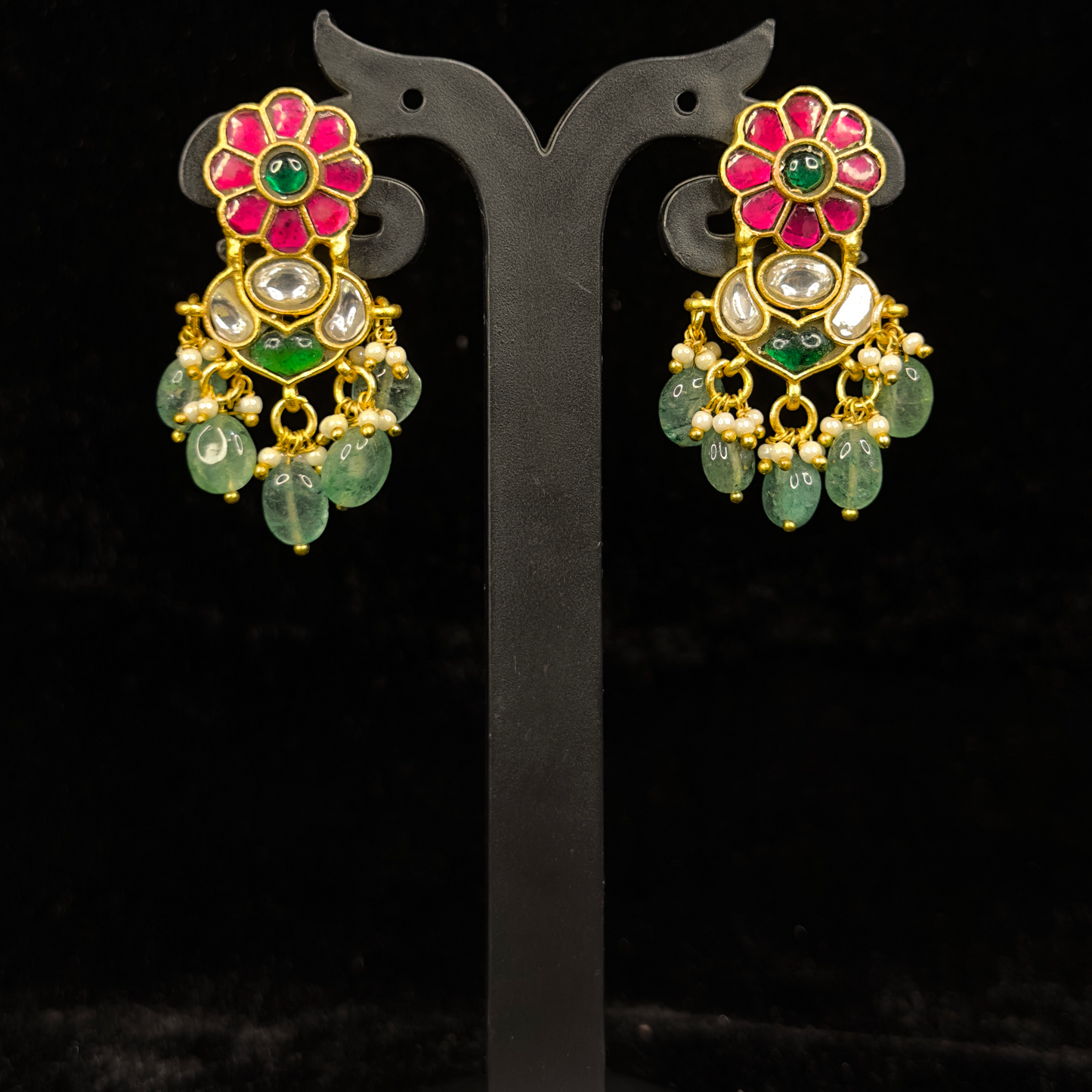 Pink Blossom Jadau Kundan Chandbali with Emerald Drops